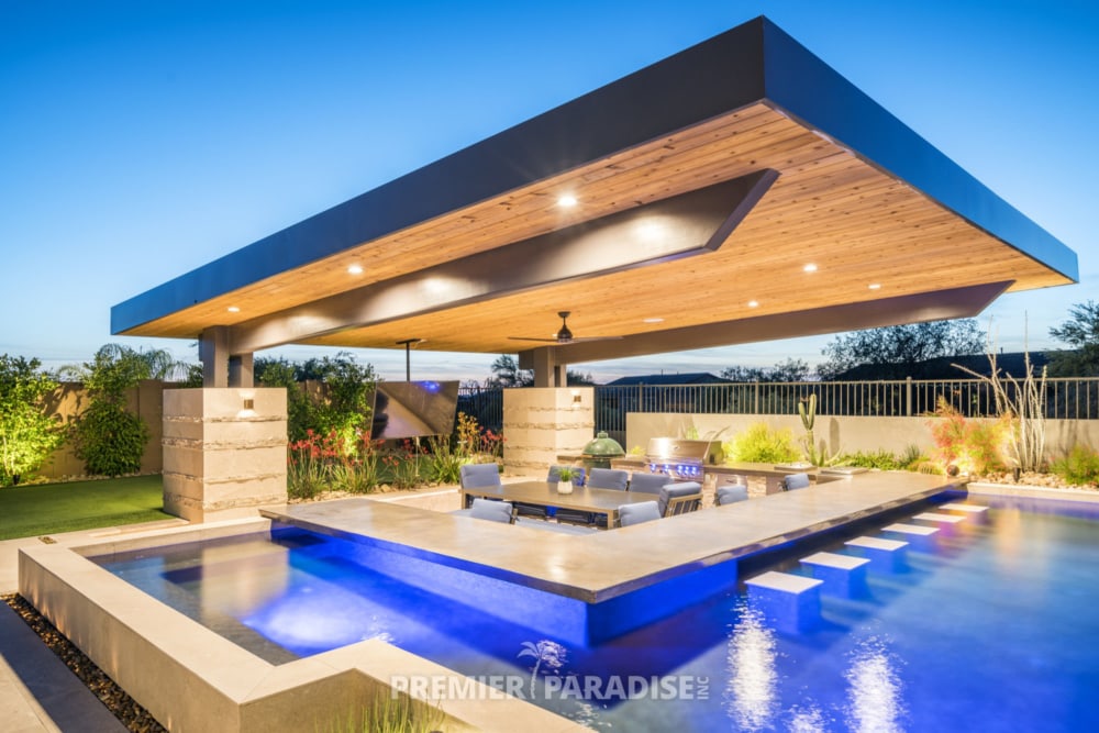 custom pool perimeter overflow spa with cantilevered outdoor kitchen scottsdale arizona 2