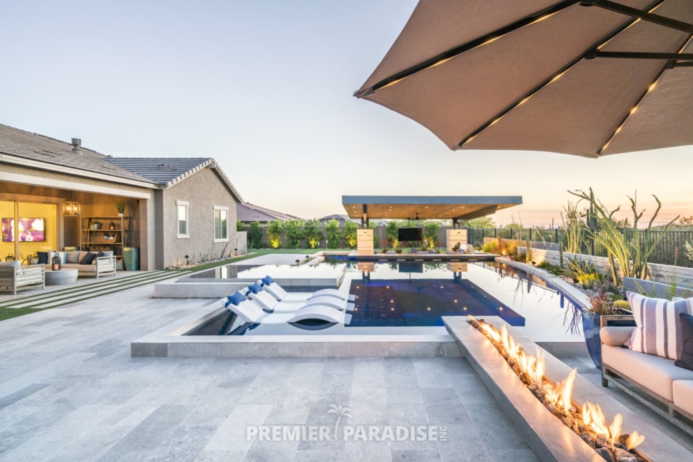 custom pool perimeter overflow spa with cantilevered outdoor kitchen scottsdale arizona 3