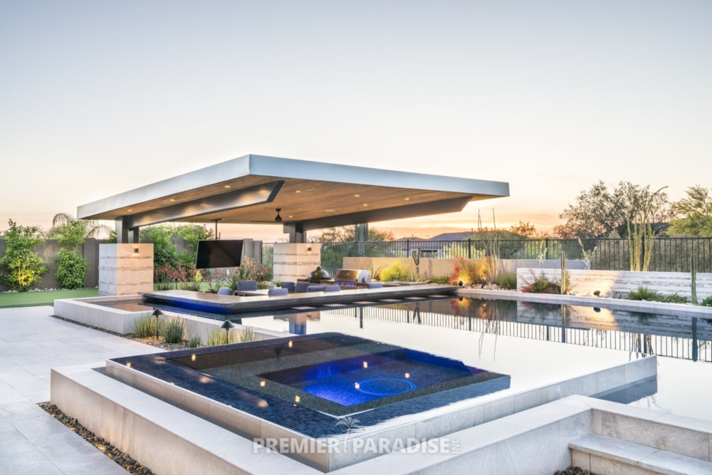custom pool perimeter overflow spa with cantilevered outdoor kitchen scottsdale arizona 4